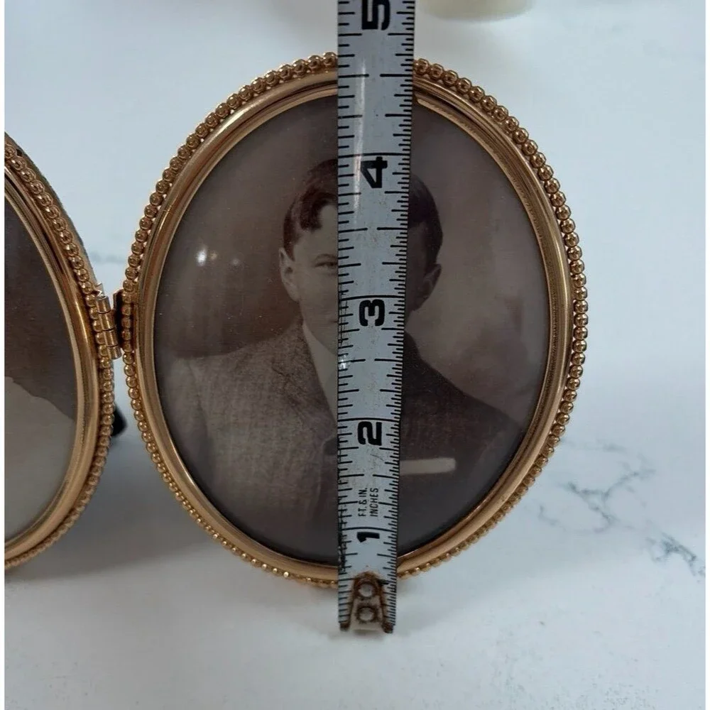 Vintage Gold-Tone Hinged Double Oval Picture Frames with Black & White Portraits